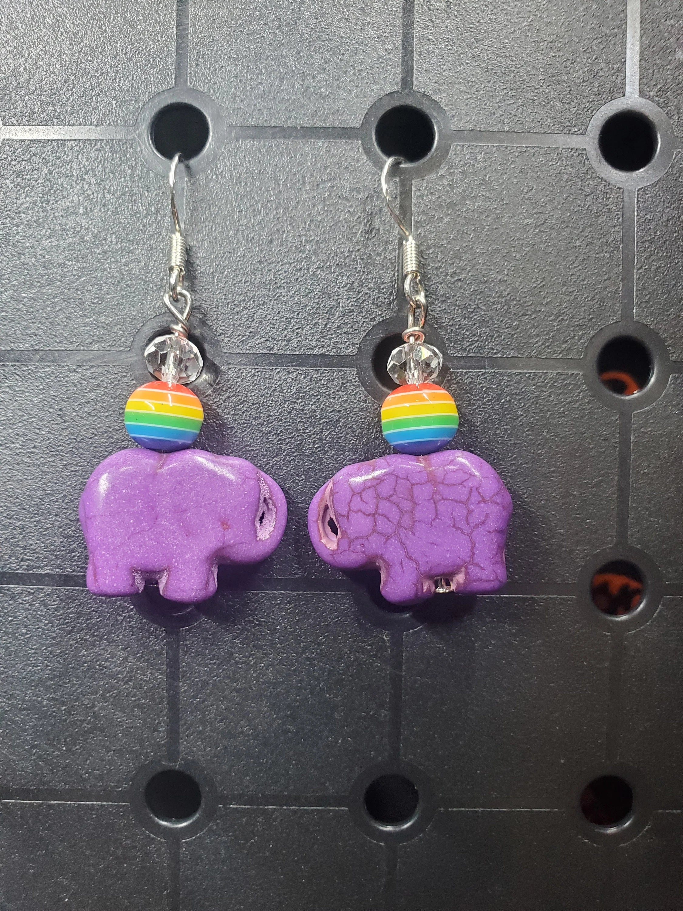 Rainbow Purple Elephants - Earrings - (.925 Sterling Silver Hooks)
