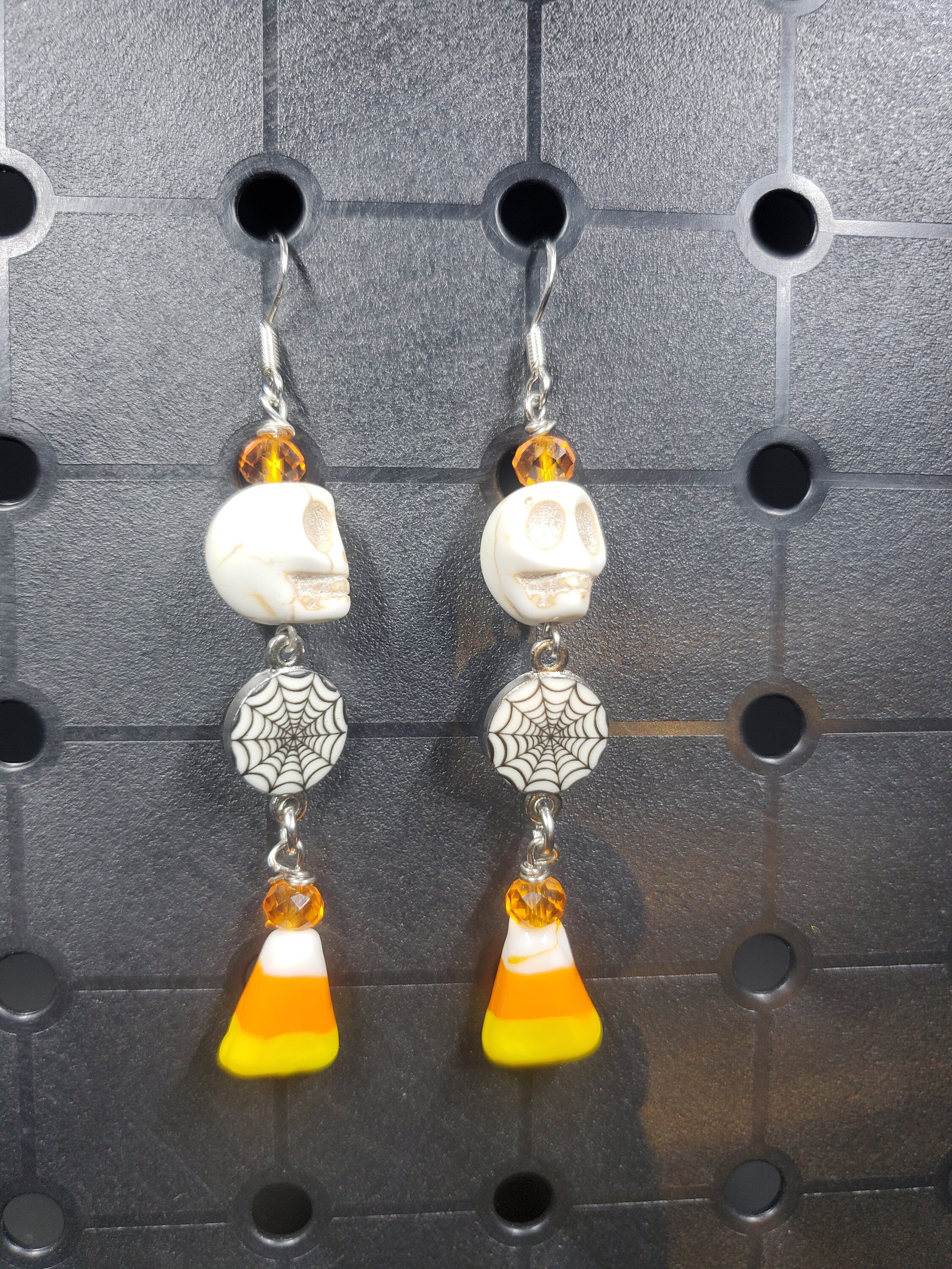 Spooky Skull Webs & Corn - Earrings - (.925 Sterling Silver Hooks)