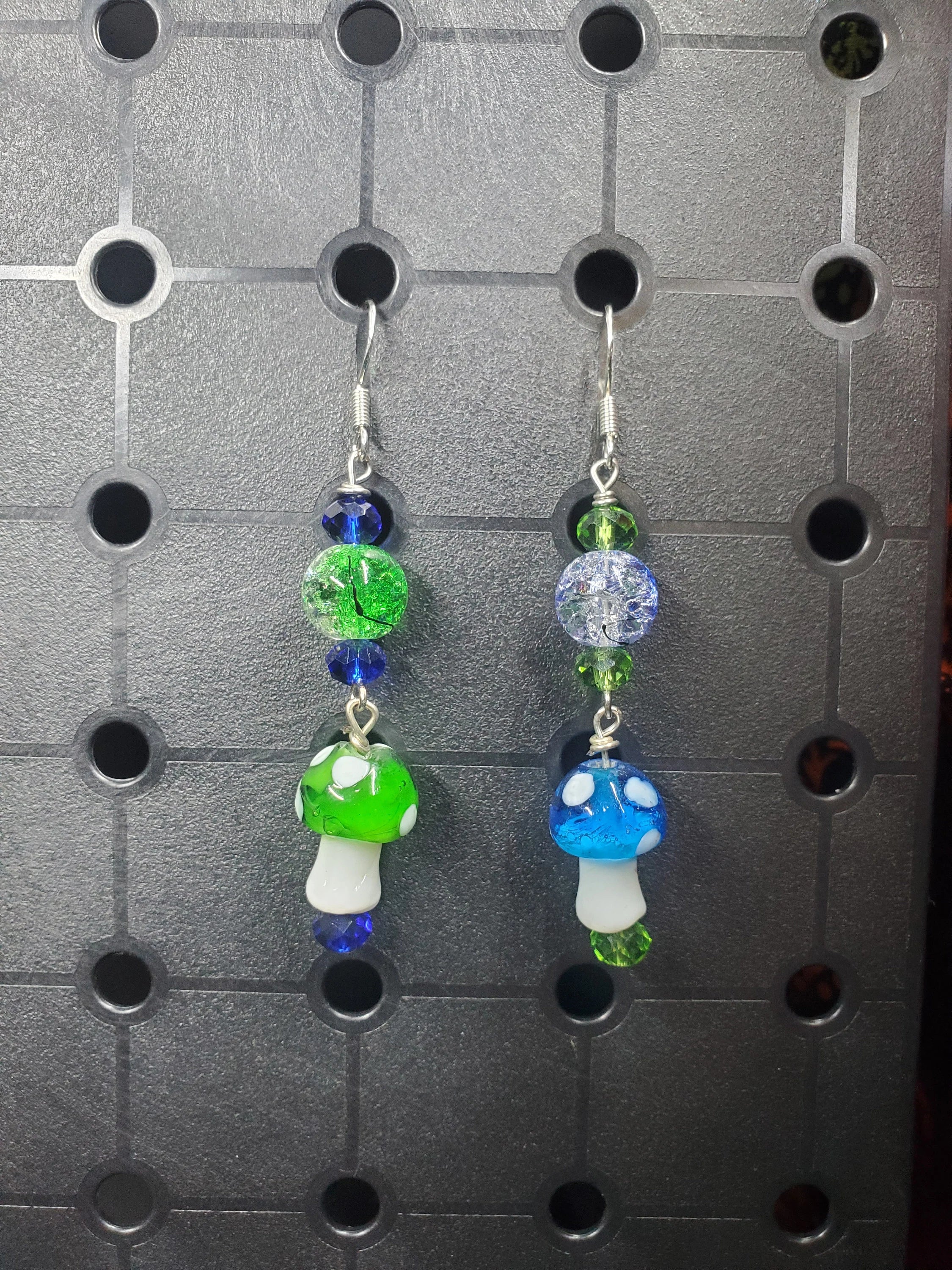 Blue & Green Glass Mushrooms - Earrings - (.925 Sterling Silver Hooks)
